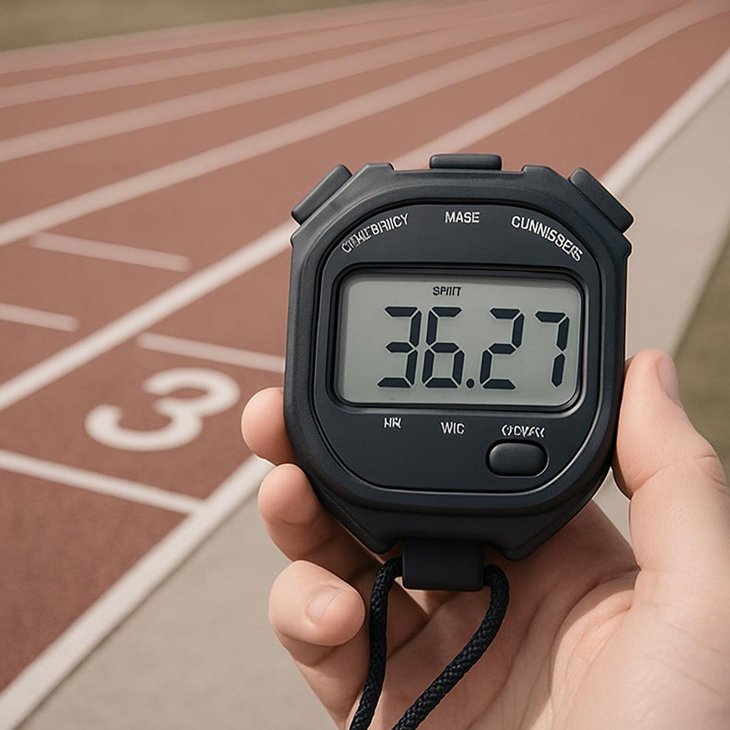 A black stopwatch is being held in a person's left hand on the edge of a running track. The stopwatch and the tracks' red ...