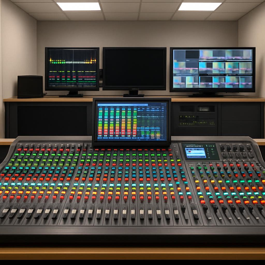 The audio or video mixing board in a studio with multiple monitors.