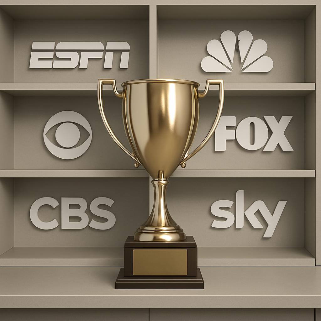 A digital illustration of a gold trophy on a shelf, with the logos of major television networks surrounding it.