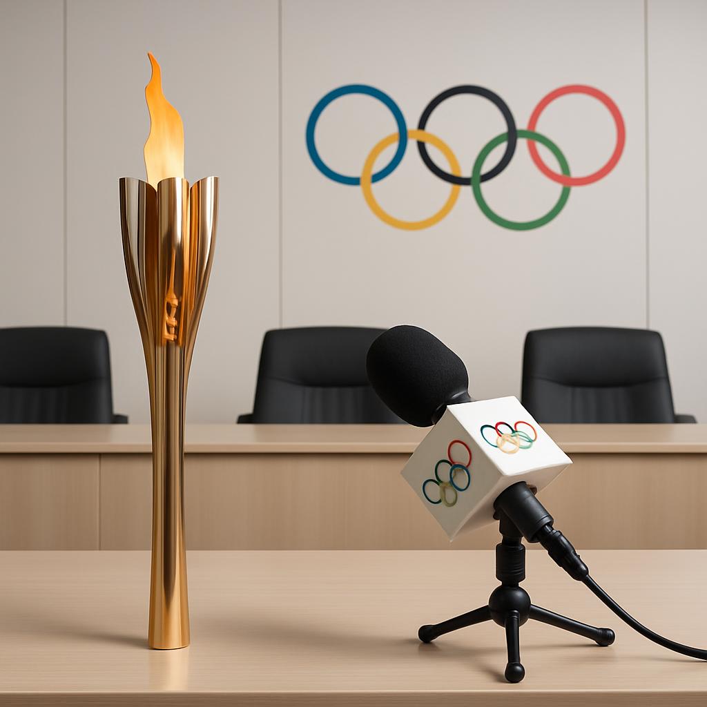 A gold Olympic torch stands beside an Olympic-themed microphone, all set against the backdrop of the Olympic rings.
